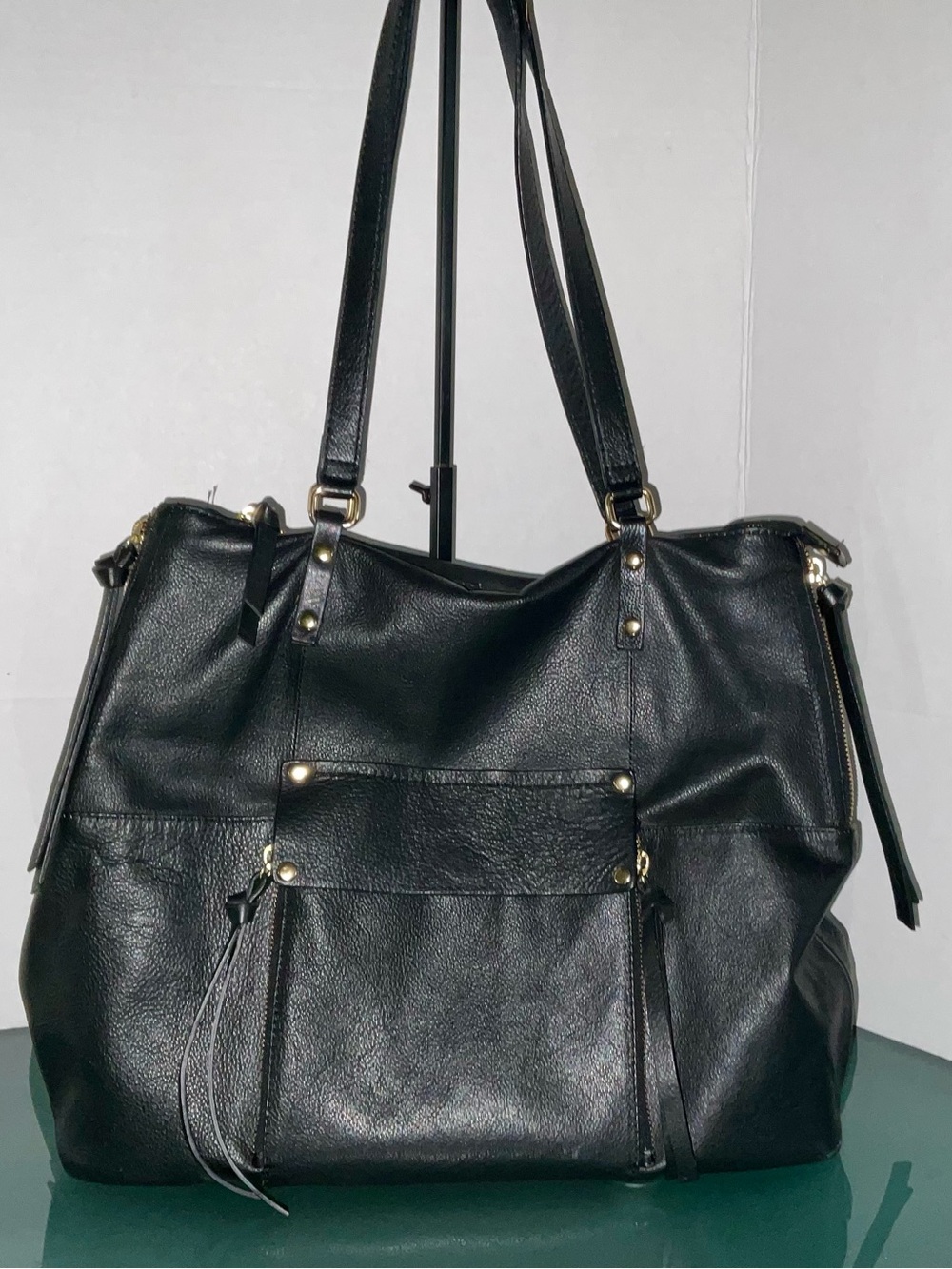 KOOBA BLACK PEBBLED LEATHER 2 STRAP SHOULDER BAG FRONT POCKET - VERY GOOD - Picture 6 of 14